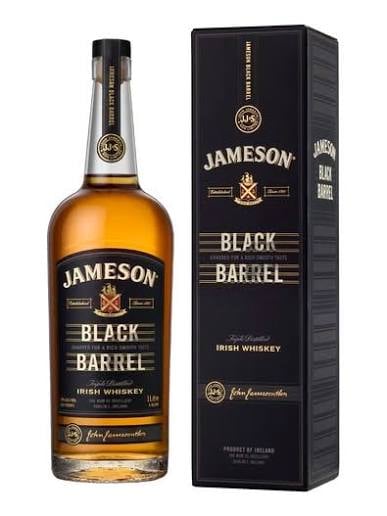 Jameson Black Barrel Irish whiskey bottle and black box packaging displayed side by side