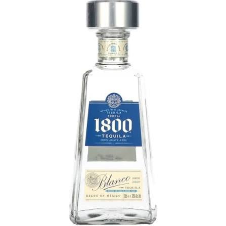 Bottle of 1800 Tequila Blanco with silver cap and blue label on white background