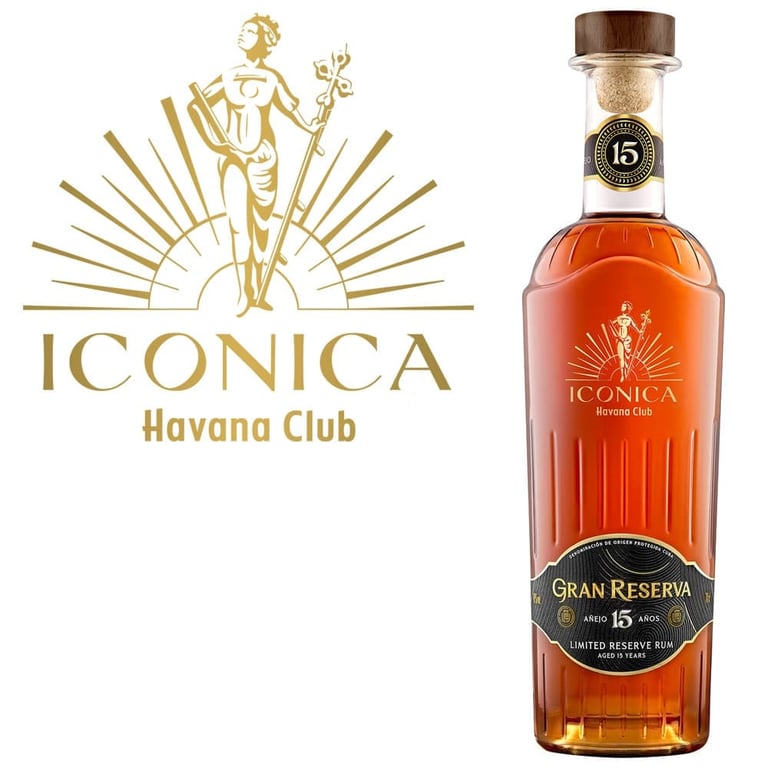 Iconica Havana Club Gran Reserva 15 year rum bottle next to gold Iconica Havana Club logo