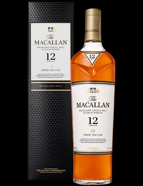 The Macallan 12 year old Highland Single Malt Scotch Whisky bottle with Sherry Oak Cask next to its packaging box