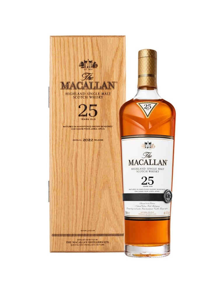 The Macallan 25 Year Old single malt Scotch whisky bottle with wooden gift box