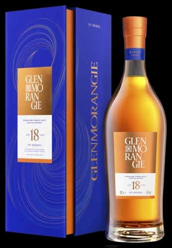 Glen Morangie 18 Year Old single malt Scotch whisky bottle with blue and orange gift box packaging