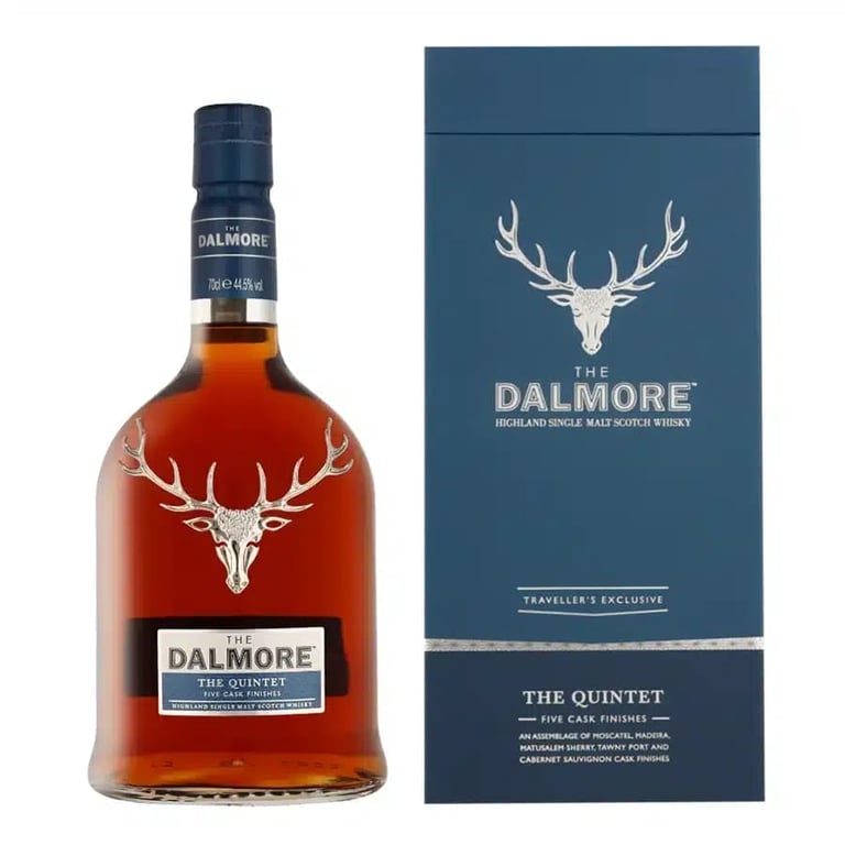 Dalmore The Quintet single malt Scotch whisky bottle with its blue gift box packaging featuring a stag head logo