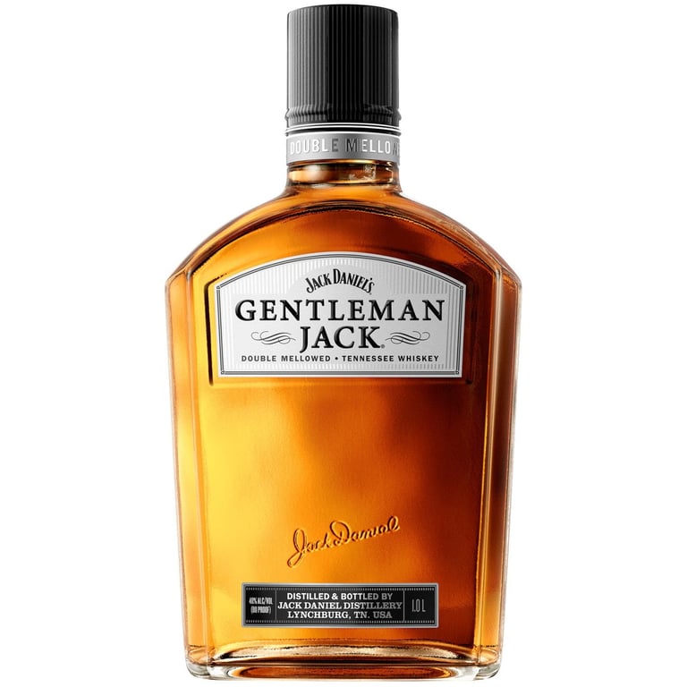 Bottle of Jack Daniels Gentleman Jack Tennessee whiskey with black cap and label on white background