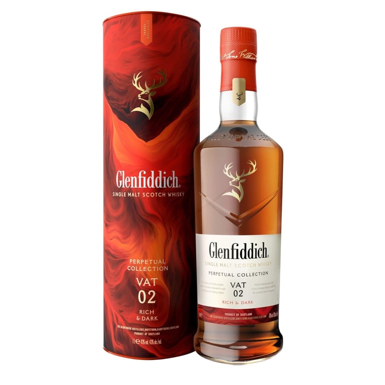 Glenfiddich Perpetual Collection VAT 02 single malt Scotch whisky bottle with its red cylindrical packaging tube
