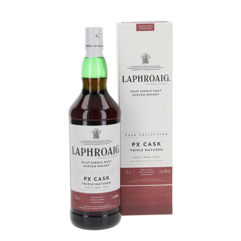 Bottle of Laphroaig PX Cask Islay Single Malt Scotch Whisky with its product box packaging