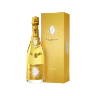 Bottle of Louis Roederer Cristal champagne with gold packaging box
