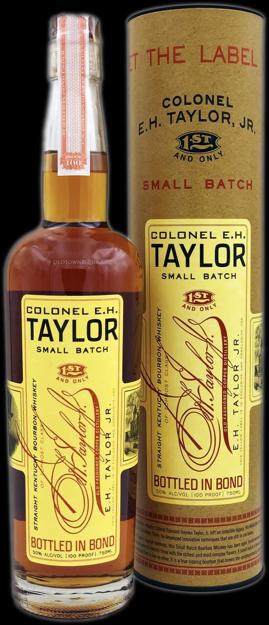 Bottle and cylinder box of Colonel E.H. Taylor Small Batch Bourbon Whiskey with yellow label and red text