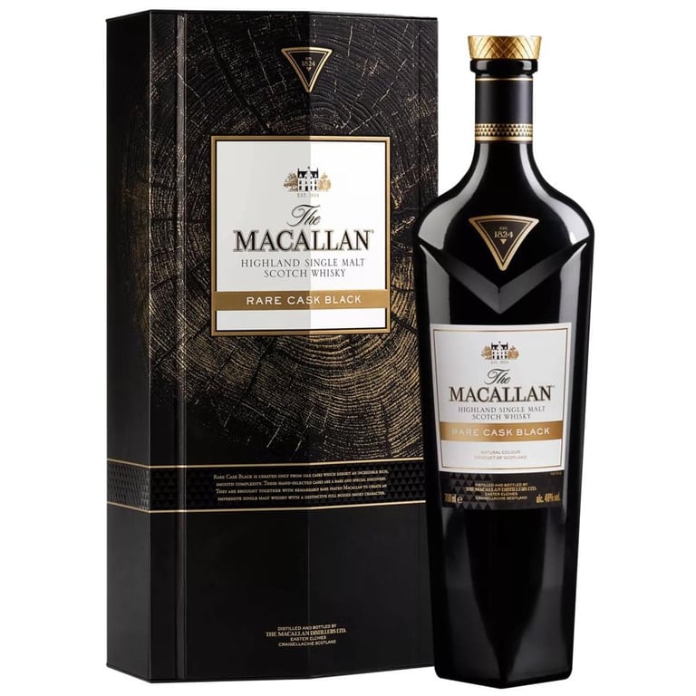 The Macallan Rare Cask Black Highland single malt Scotch whisky bottle with luxury black gift box packaging