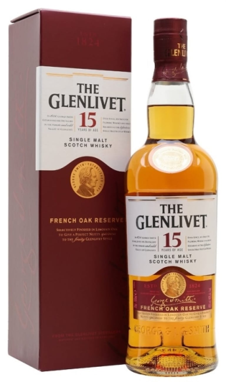 The Glenlivet 15 Year Old Single Malt Scotch Whisky bottle with burgundy box and gold seal