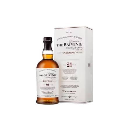 The Balvenie 21 Year Old Portwood single malt Scotch whisky bottle with its product box