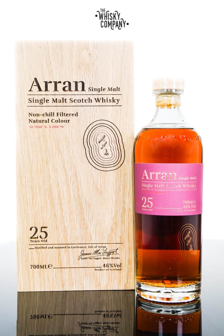Arran 25-year-old single malt Scotch whisky bottle with wooden gift box and pink label