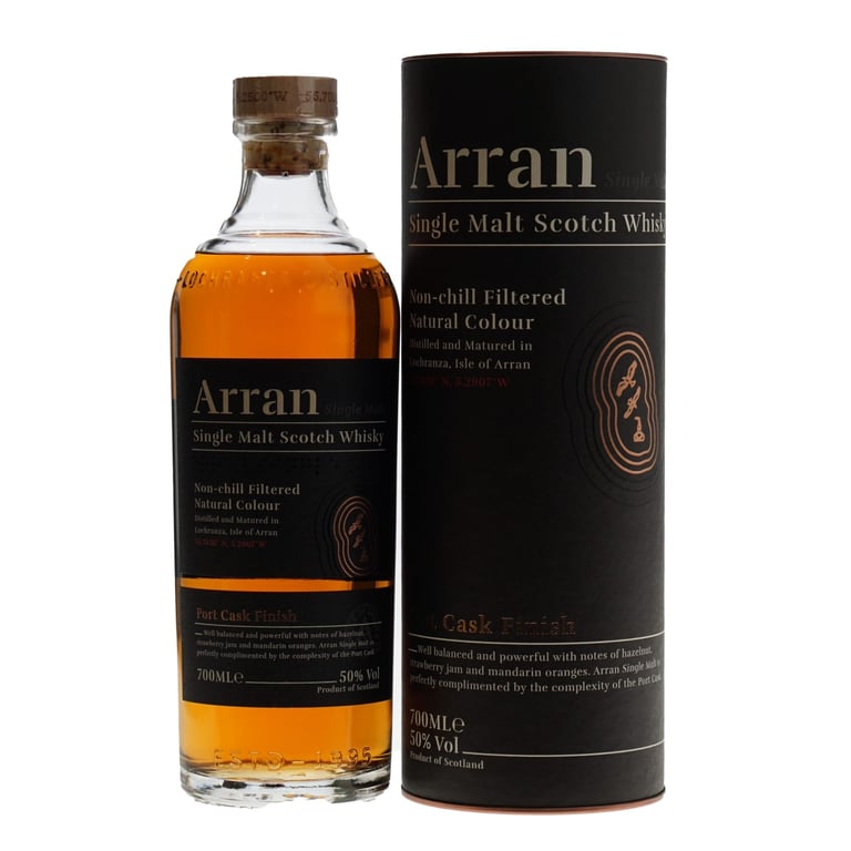Arran Single Malt Scotch Whisky bottle and black cylindrical packaging box on white background