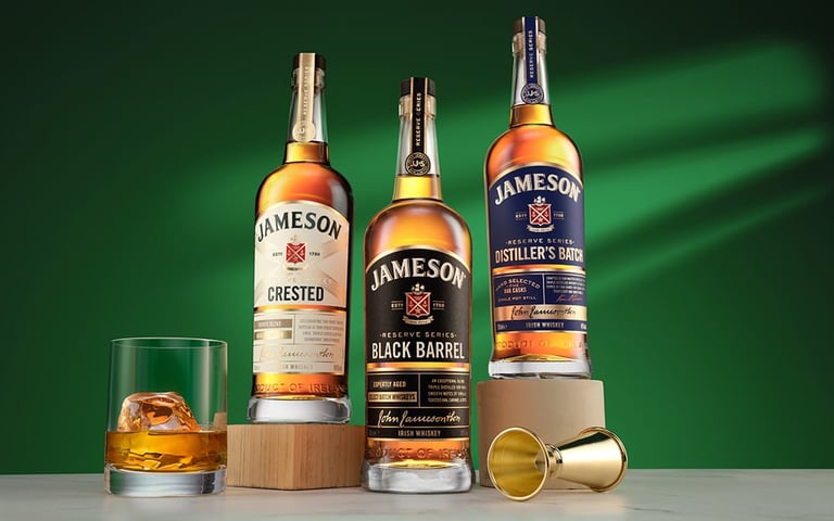 Three bottles of Jameson Irish whiskey varieties displayed with a glass of whiskey and brass jigger on green background