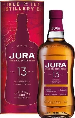 Bottle of Jura 13 Year Old Single Malt Scotch Whisky with its burgundy packaging box displayed against white background