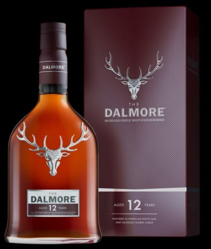 Bottle of The Dalmore 12 year old single malt Scotch whisky with its burgundy box packaging and deer head logo