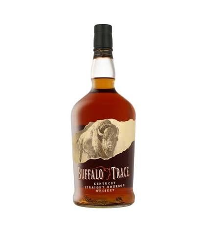 Bottle of Buffalo Trace Kentucky straight bourbon whiskey with buffalo illustration on tan label