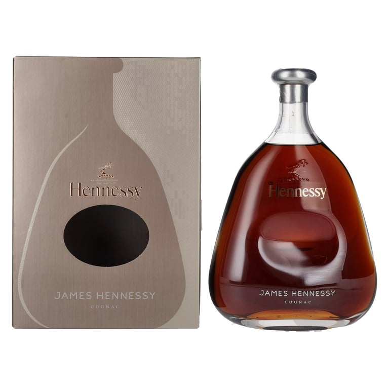James Hennessy Cognac bottle with metal cap next to its tan-colored box packaging
