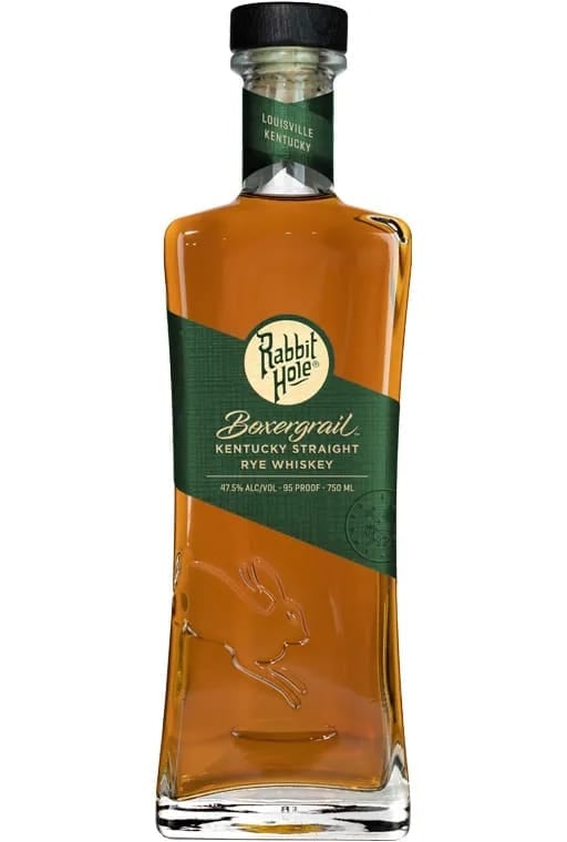 Bottle of Rabbit Hole Bevergrail Kentucky Straight Rye Whiskey with amber liquid, green label, and black cap