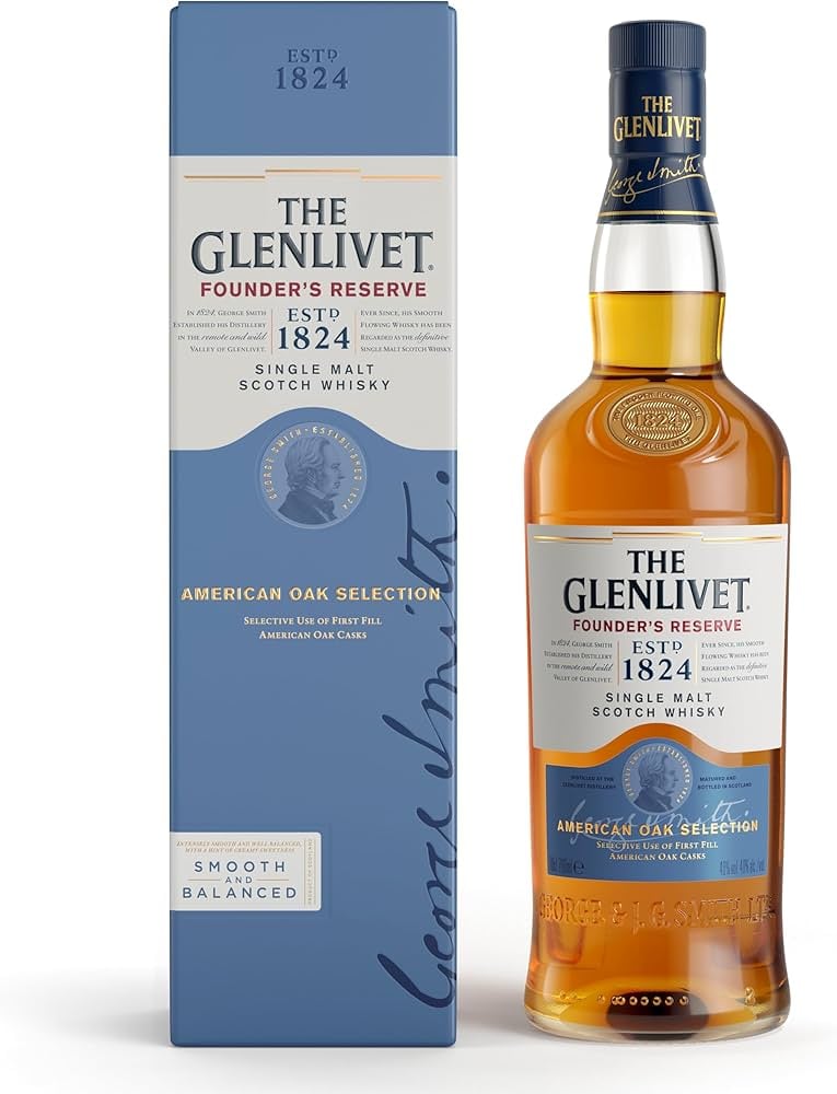 The Glenlivet Founders Reserve single malt Scotch whisky bottle with blue and white box showing American oak selection aging