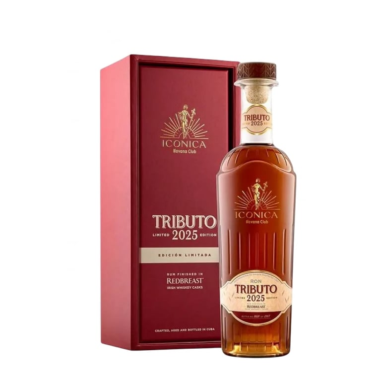 Iconica Tributo 2025 Limited Edition rum bottle with burgundy box packaging