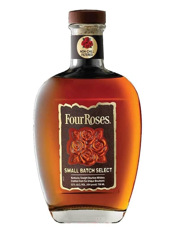 Bottle of Four Roses Small Batch Select Kentucky Straight Bourbon Whiskey with brown cap and label featuring red roses on white background