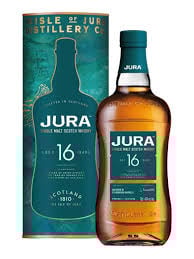 Bottle of Isle of Jura 16 year old single malt Scotch whisky with its packaging box displayed against white background