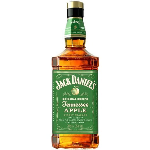 Bottle of Jack Daniels Tennessee Apple whiskey with green label and gold cap on white background