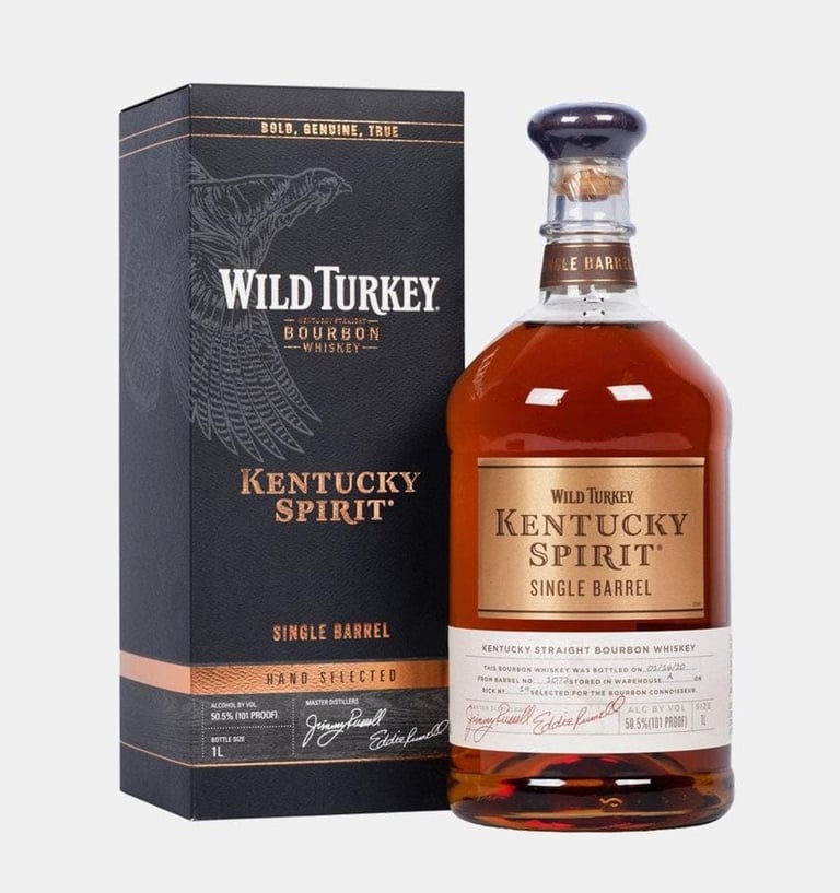 Wild Turkey Kentucky Spirit single barrel bourbon whiskey bottle with dark packaging box on white background