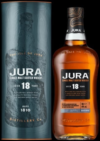 Jura 18 Years Single Malt Scotch Whisky bottle with its matching cylindrical packaging box