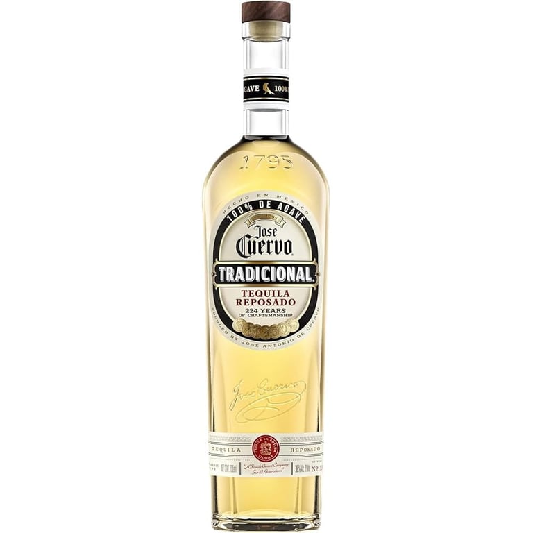 Bottle of Jose Cuervo Tradicional Tequila Reposado with gold-colored liquid and cream-colored label