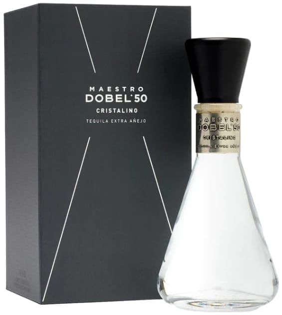 Maestro Dobel 50 Cristalino tequila bottle with black and white packaging box