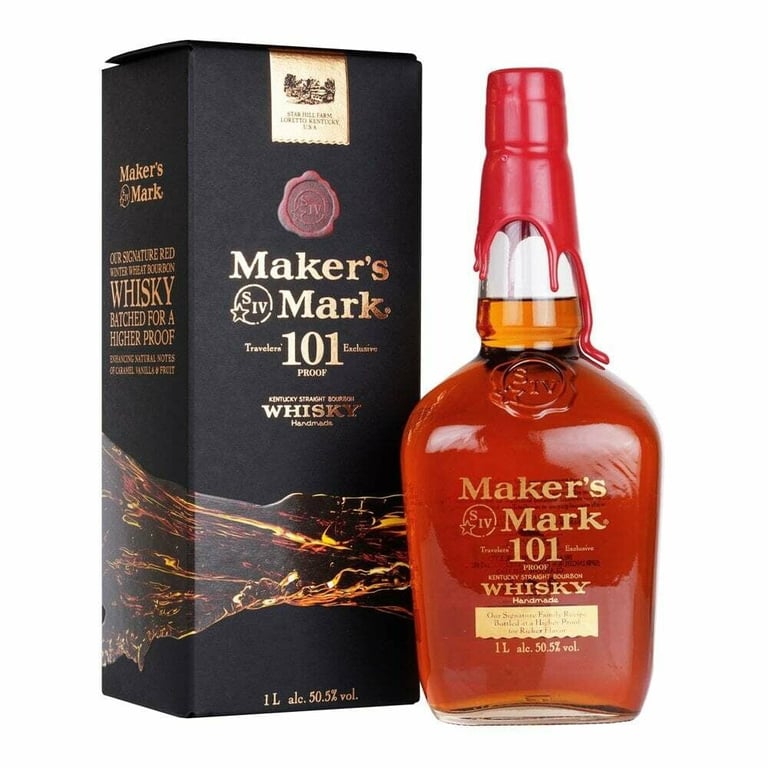 Makers Mark 101 bourbon whiskey bottle next to its black gift box packaging