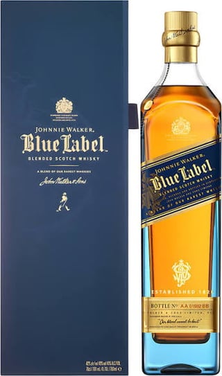 Johnnie Walker Blue Label blended Scotch whisky bottle with gold cap next to its navy blue packaging box